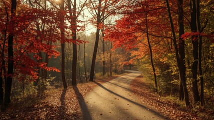 Fototapeta premium A winding path through an autumn forest with vibrant red and orange leaves and dappled sunlight shining through