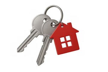 House keys with red home shape keychain representing real estate, new property ownership, and buying a house