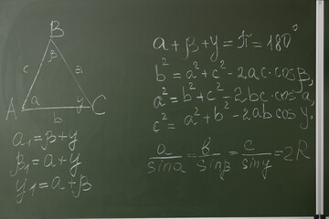 Back to school. Chalkboard with different mathematical formulas indoors