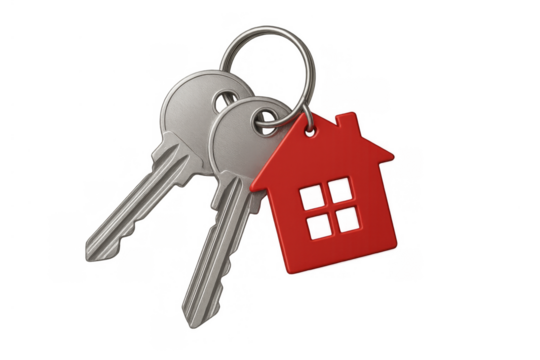 House keys with red home shape keychain representing real estate, new property ownership, and buying a house