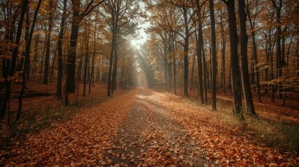 Fototapeta premium A path covered in fallen leaves through a forest with sunlight streaming through the trees in autumn
