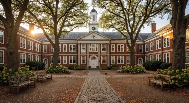 A brick building with a central clock tower, framed by trees and benches, bathed in sunlight. - Powered by Adobe