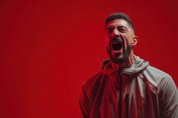 Passionate Basketball Coach Shouting Against Bold Red Backdrop