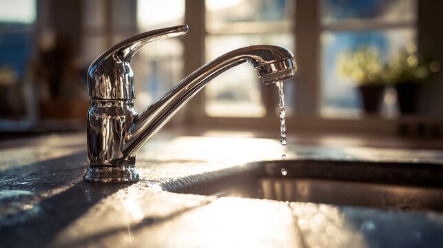 Stunning chrome faucet with dripping water in a sunlit kitchen evokes cleanliness and freshness, perfect for home improvement or environmental awareness campaigns