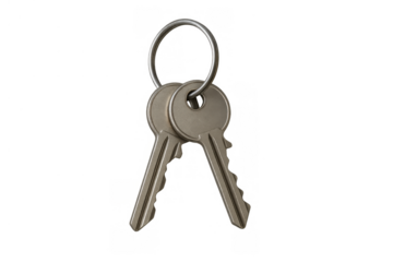 Metal keys on a keyring representing access, security, ownership, and privacy, with a transparent background