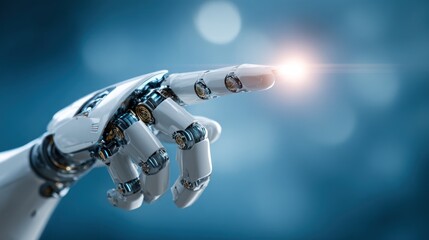 Robotic hand extending, index finger touching a bright light against a blurred blue backdrop