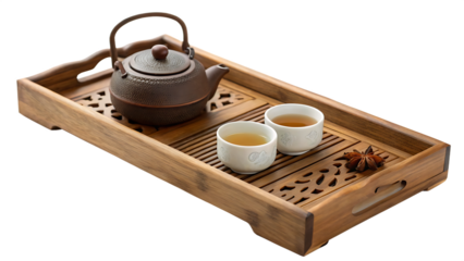 Ritualistic wellness with wooden tea tray cut out on PNG. AI GENERATED.
