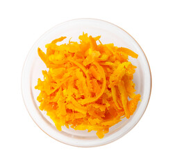 Fresh orange zest in bowl isolated on white, top view