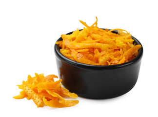 Fresh orange zest in bowl isolated on white