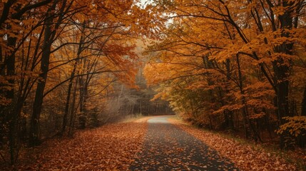 A winding road through a forest in autumn with orange and yellow leaves covering the path and trees