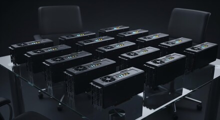 A collection of black computer graphics cards arranged on a glass table in a dark room.
