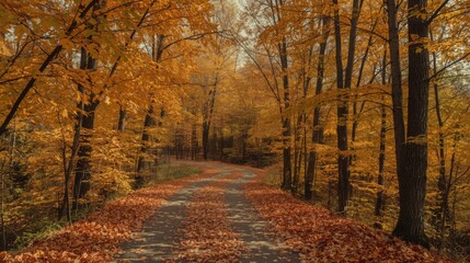 Obraz premium A winding path covered in fallen leaves through a forest in the peak of the autumn season colors