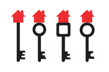 Real estate keys with red house symbols, representing home ownership, property choice, and unlocking new opportunities