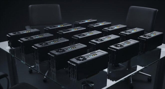 A collection of black computer graphics cards arranged on a glass table in a dark room.