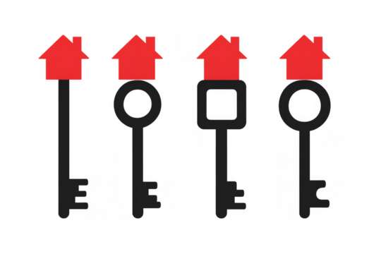 Real estate keys with red house symbols, representing home ownership, property choice, and unlocking new opportunities - Powered by Adobe
