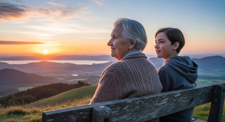 An elderly person and a child sit together, watching the sunset over a scenic landscape.