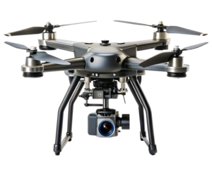 A modern drone with a camera attached, isolated on transparent background