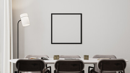 Fototapeta premium empty square frame mock-up in meeting room interior with long desk,modern chairs and floor lamp, 3d render cloud dancer
