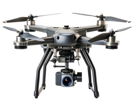 A modern drone with a camera attached, isolated on transparent background