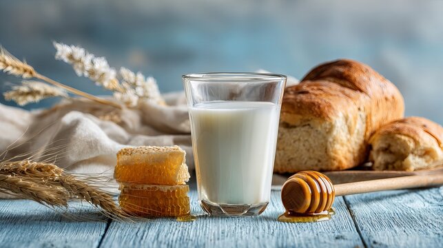 Enjoy wholesome goodness with fresh milk, honeycomb, and artisan bread for a healthy breakfast or snack, perfect for food bloggers or health enthusiasts