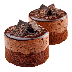 Delicious chocolate mousse cakes served on a white plate with dark chocolate topping isolated on transparent background