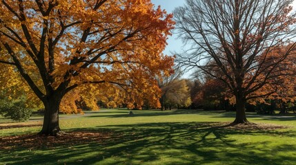 Autumn landscape with vibrant trees and green grass under a bright blue sky in a serene park setting