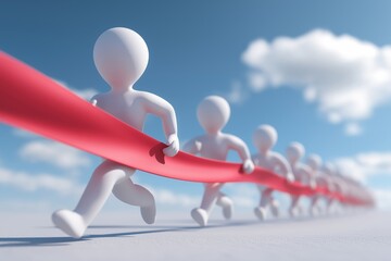 Team of Stick Figures Running in Unison Holding a Long Red Ribbon Towards a Goal