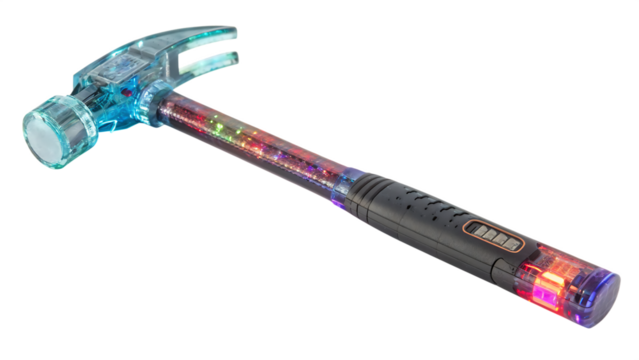 The futuristic vibe of a holographic hammer cut out on PNG. AI GENERATED.
