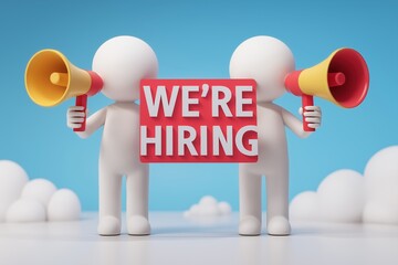 We are hiring announcement with two characters and megaphones