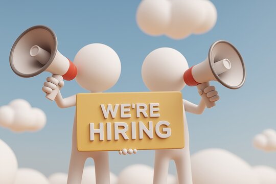 Recruitment announcement with two figures and a hiring sign - Powered by Adobe