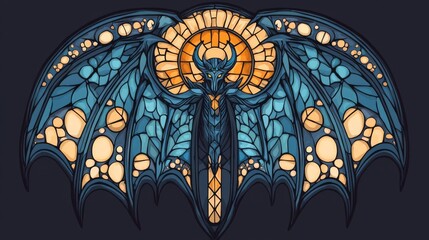 Obraz premium Intricate stained glass design featuring a majestic creature with vibrant wings and a halo, capturing ethereal beauty.