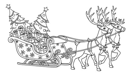 Vector art of christmas scene with santas sleigh pulled by reindeer, carrying christmas trees and gifts
