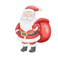 Watercolor illustration of Santa Claus in traditional red suit, holding red gift bag on his shoulder. Cute childlike character isolated on white background.