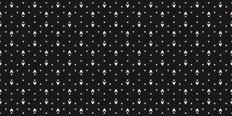 Vector minimalist seamless pattern with small white arrows on black background. Simple geometric texture with tiny chevron shapes. Dark monochrome abstract design for wallpaper, fabric, textile, wrap