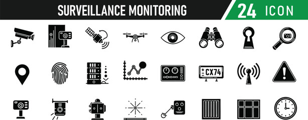 Surveillance monitoring icon set. Including Security Camera, Keypad Lock, Motion Sensor, Alarm, Shield, Eye, Recording Symbol, Guard, Biometric Scanner. Vector silhouette illustration