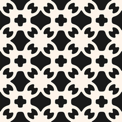 Vector seamless pattern with oriental tile motif. Simple geometric background texture with curved lattice grid, quatrefoil shapes, crosses. Elegant black and white design for decor, textile, print