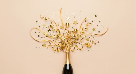 Sparkling New Year: Champagne bottle with golden ribbon and confetti stars. Celebration background for Christmas and New Year with festive decorations.