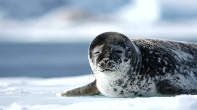 Cute leopard seal pup lying on snowy ice near the ocean, curious eyes looking toward the camera in pristine Antarctic s