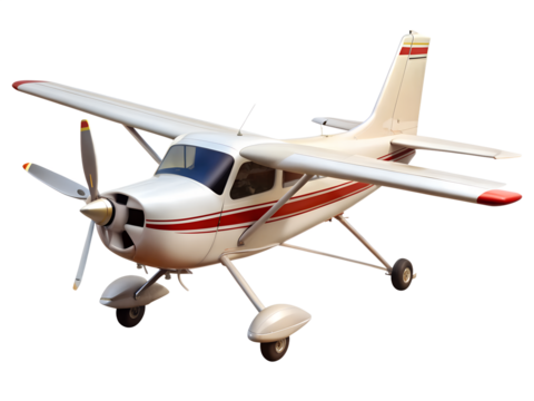 Small white propeller airplane with red stripes isolated on transparent background