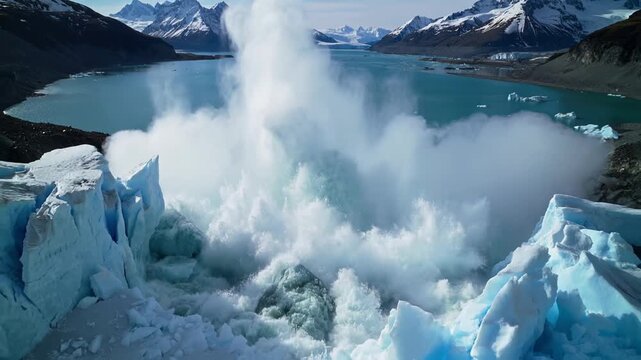dramatic glacier calving event, drone captures stunning scene of glacier breaking apart into icy