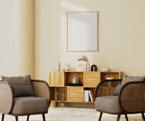 wooden poster frame mock-up in cozy living room corner with wooden cabinet with decor and soft armchairs, 3d render