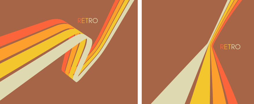 A retro 1970s-style background. Colorful lines. Abstract, dynamic curved ribbons. Designed for posters or banners for sports competitions and races. A collection of vector illustrations.