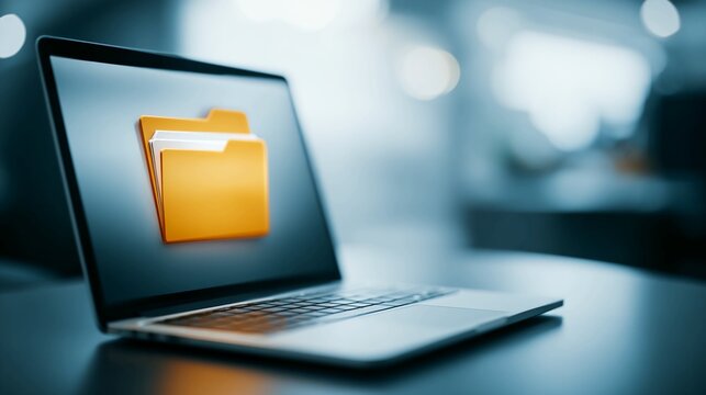 Streamline your workflow with this modern laptop showcasing organized digital folders, perfect for business, technology, and productivity visuals in a sleek, professional setting
