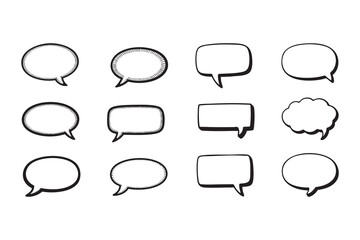 Fototapeta premium Various black outline shapes form a cartoon speech bubble collection on transparent background