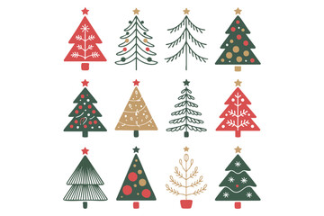 Obraz premium Twelve assorted Christmas tree icons showcase unique styles against a clean, transparent background