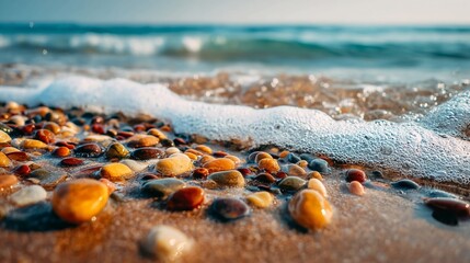 Relaxing ocean waves washing over smooth colorful beach stones create a calming coastal vibe for travel, wellness, or nature-inspired designs with a touch of summer serenity