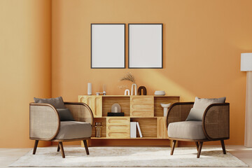two poster frames mock-up in bright orange wall interior, living room with armchairs and cabinets, wall mock-up, 3d render
