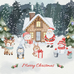 Watercolor Merry Christmas postcard with Santa Claus, penguin, reindeer, polar bear, bunny, and snowmen in snowy forest with decorated trees, garlands, and cozy wooden house.