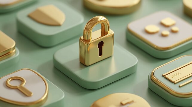 Protect your digital world with a stunning golden padlock, a symbol of security and privacy surrounded by modern app icons in pastel shades, perfect for tech and cybersecurity themes