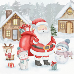 Watercolor Christmas card with Santa Claus holding gift bag, snowman, reindeer, and white bear. Cozy wooden houses and snowy forest in the background. Cute children illustration style.